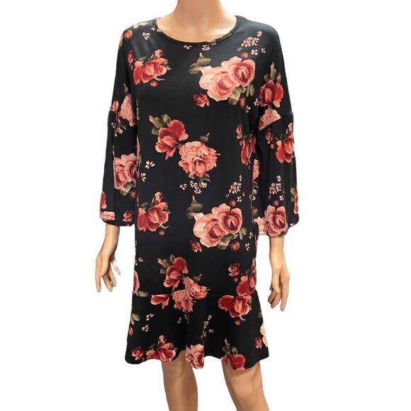 Emberly Black Floral Bell Sleeve Shift Dress Size M - Picture 1 of 12